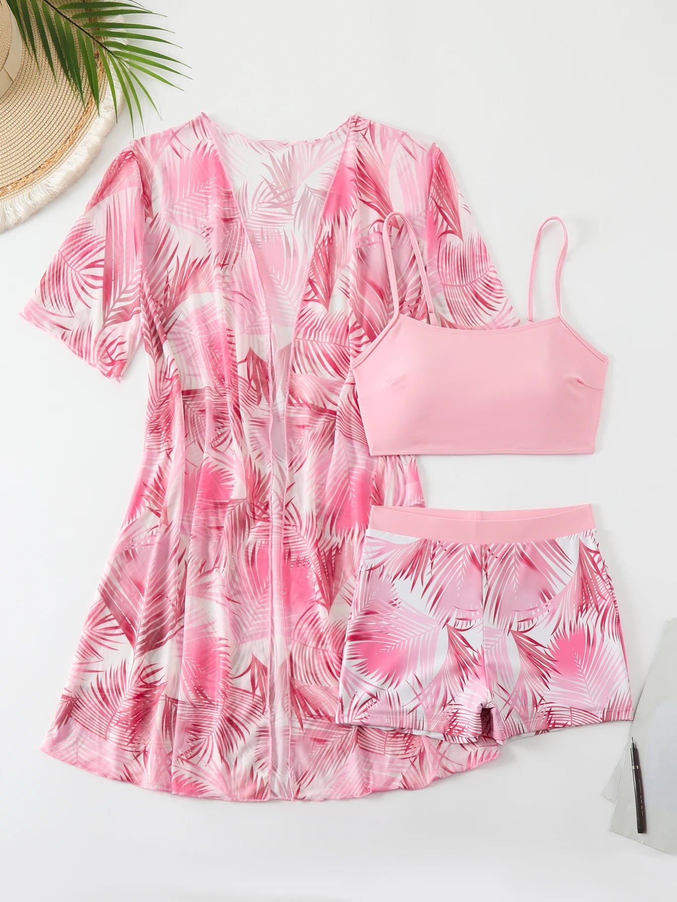 Holiday Swimsuit Tropical Palm Leaf Printed Pink Elastic Flat Leg 3-Piece Swimsuit Strap Comfortable Casual Swimsuit, Short Slee