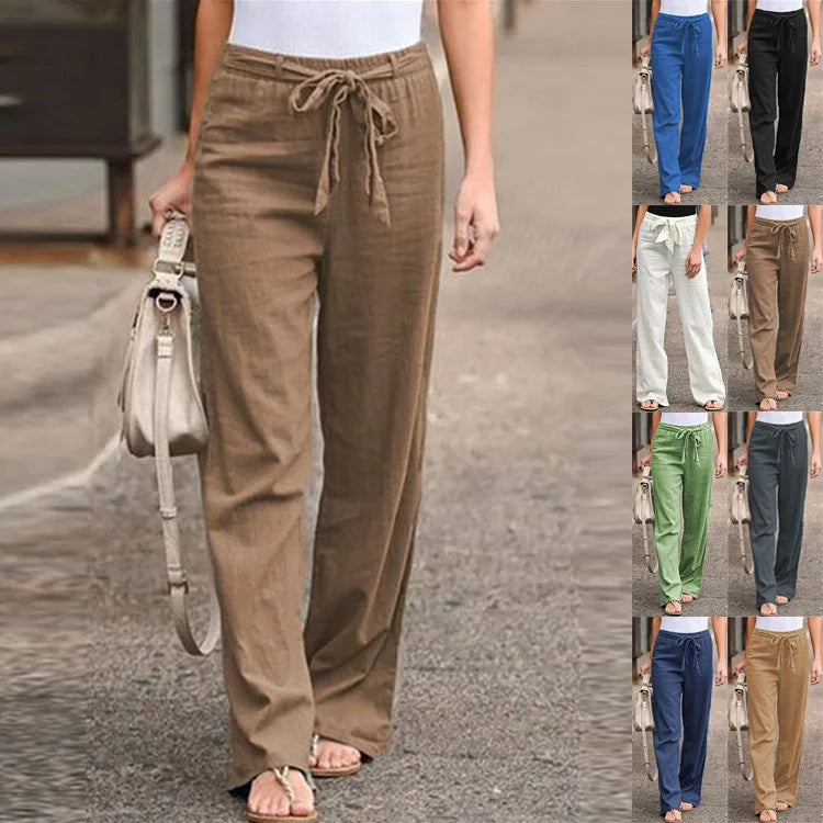 Women Cotton Linen Pants Solid Color Elastic Loose Drawstring Wide-Leg High Waist Trousers Female Stretch Straight Casual Pants