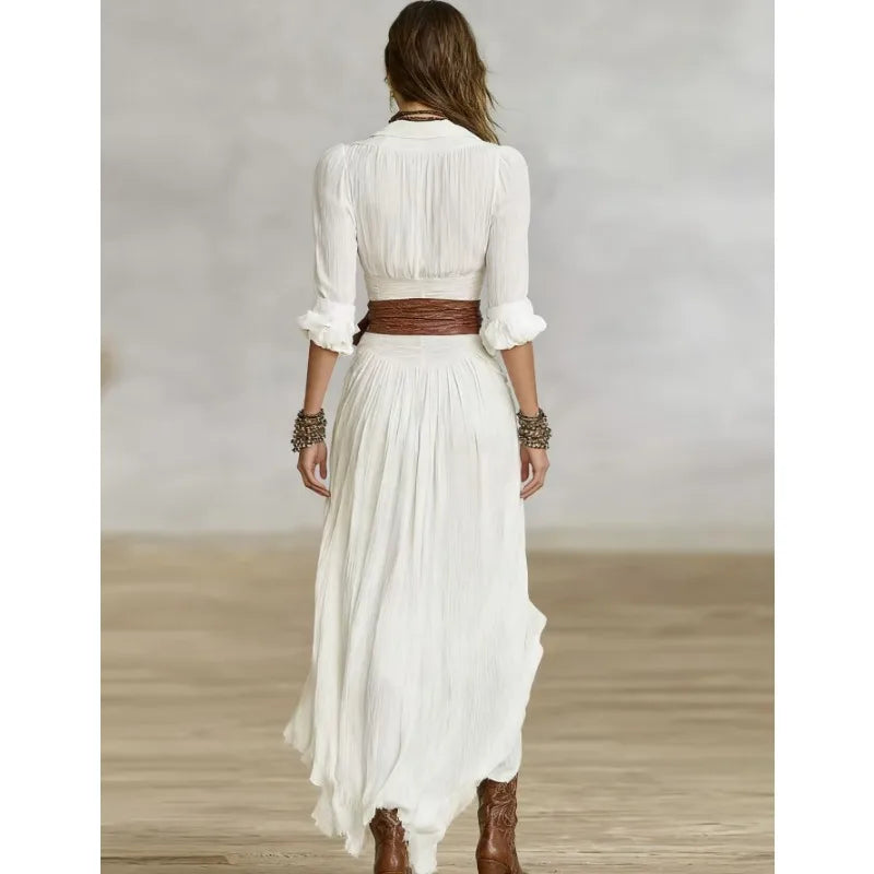 Woman Dresses 2025 Autumn New French Retro V Neck Belted Slim Pleated Long Dress Single Breasted Long Sleeve Slit Bohemian Dress