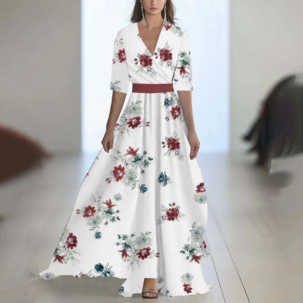 2025 Fashion Floral Print Patchwork Bohemian Dress Woman Sexy Deep V Neck Hollow Long Dresses New Puff Sleeve Loose Maxi Dress