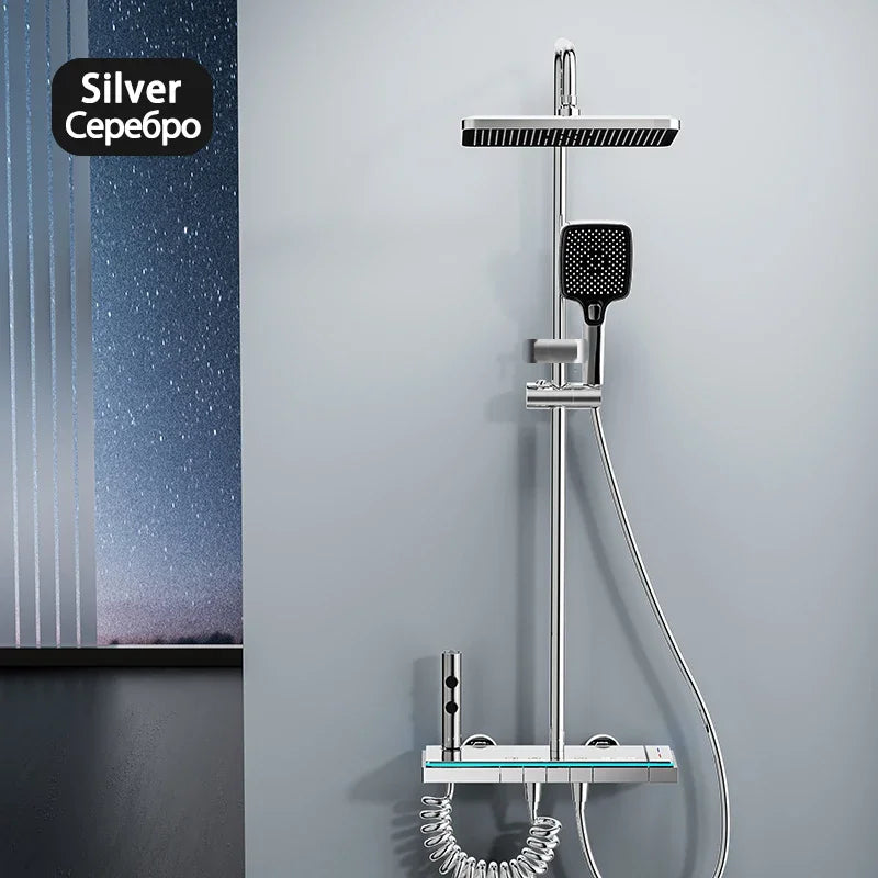 Modern Bathrooms Shower System Set Glass Panel Bathtub Rain LED Display Rainfall Shower Mixer Tap Thermostatic Faucet with Light