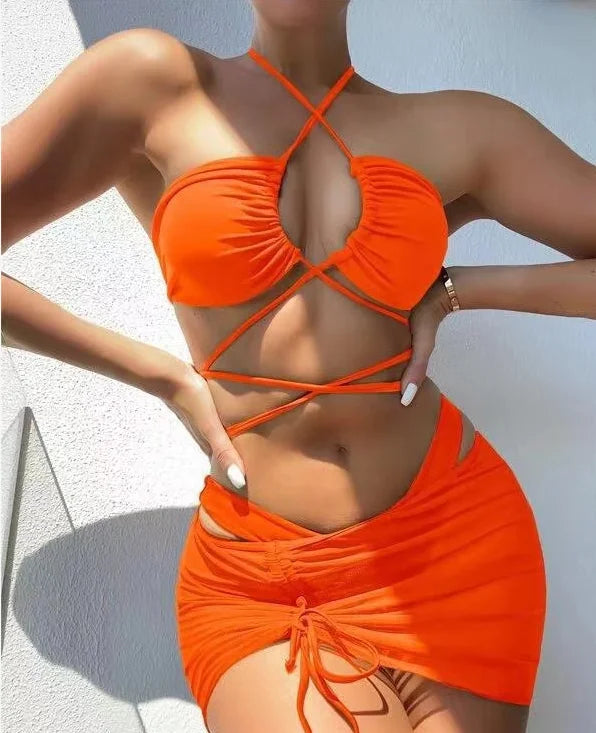 2025 New 3 Pieces Set Swimsuit Women High Waist Swimwear Sexy Lace Up Micro Bikini Set With Skirt Solid Beachwear Bathing Suit