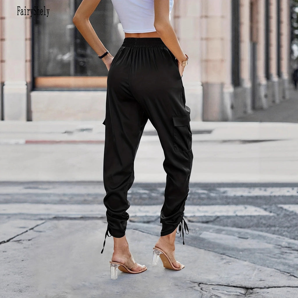 2025 Casual Black Pencil Pants For Women Elastic Band High Waist Pants lady Elegant Summer Pocket Straps Office Trousers Female