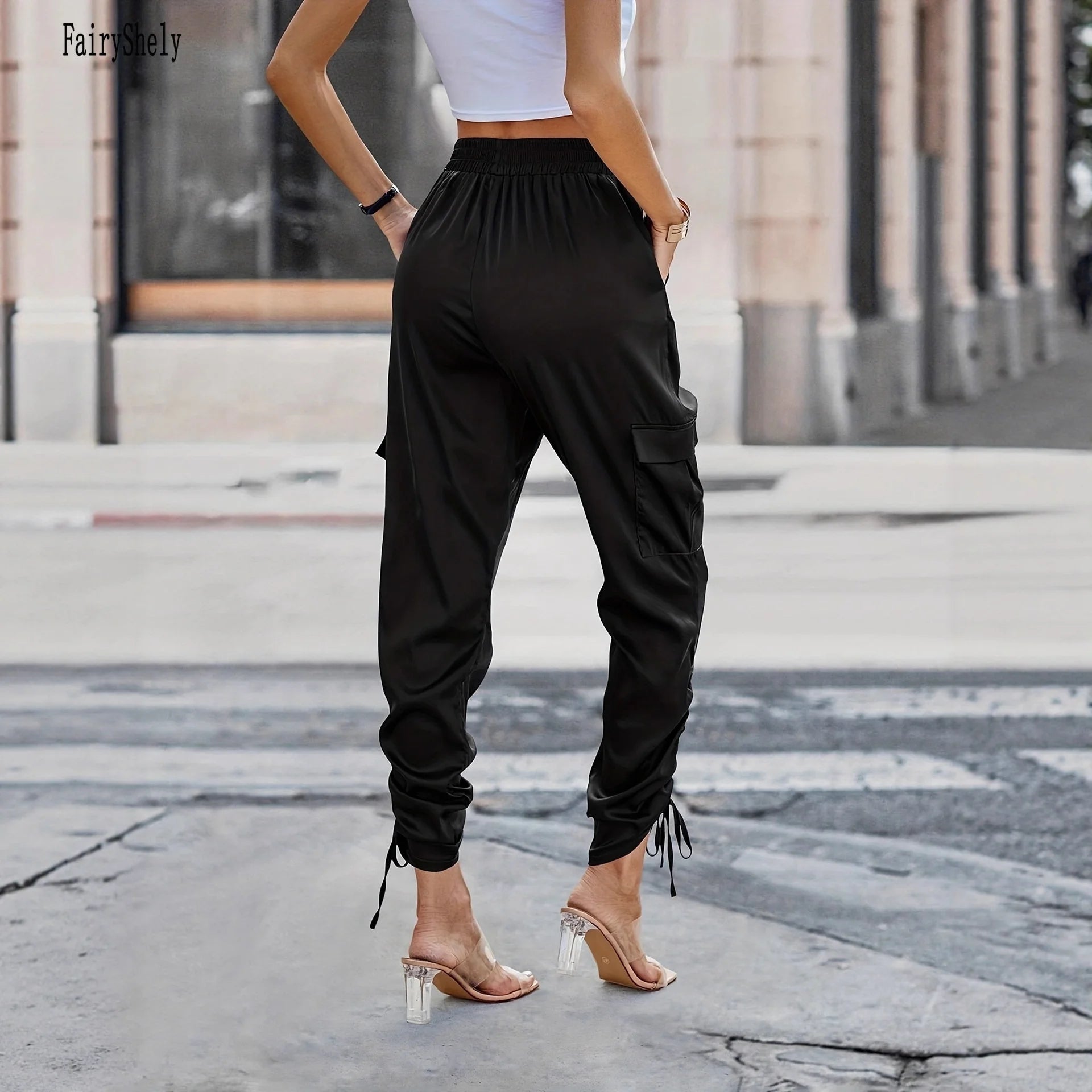 2025 Casual Black Pencil Pants For Women Elastic Band High Waist Pants lady Elegant Summer Pocket Straps Office Trousers Female