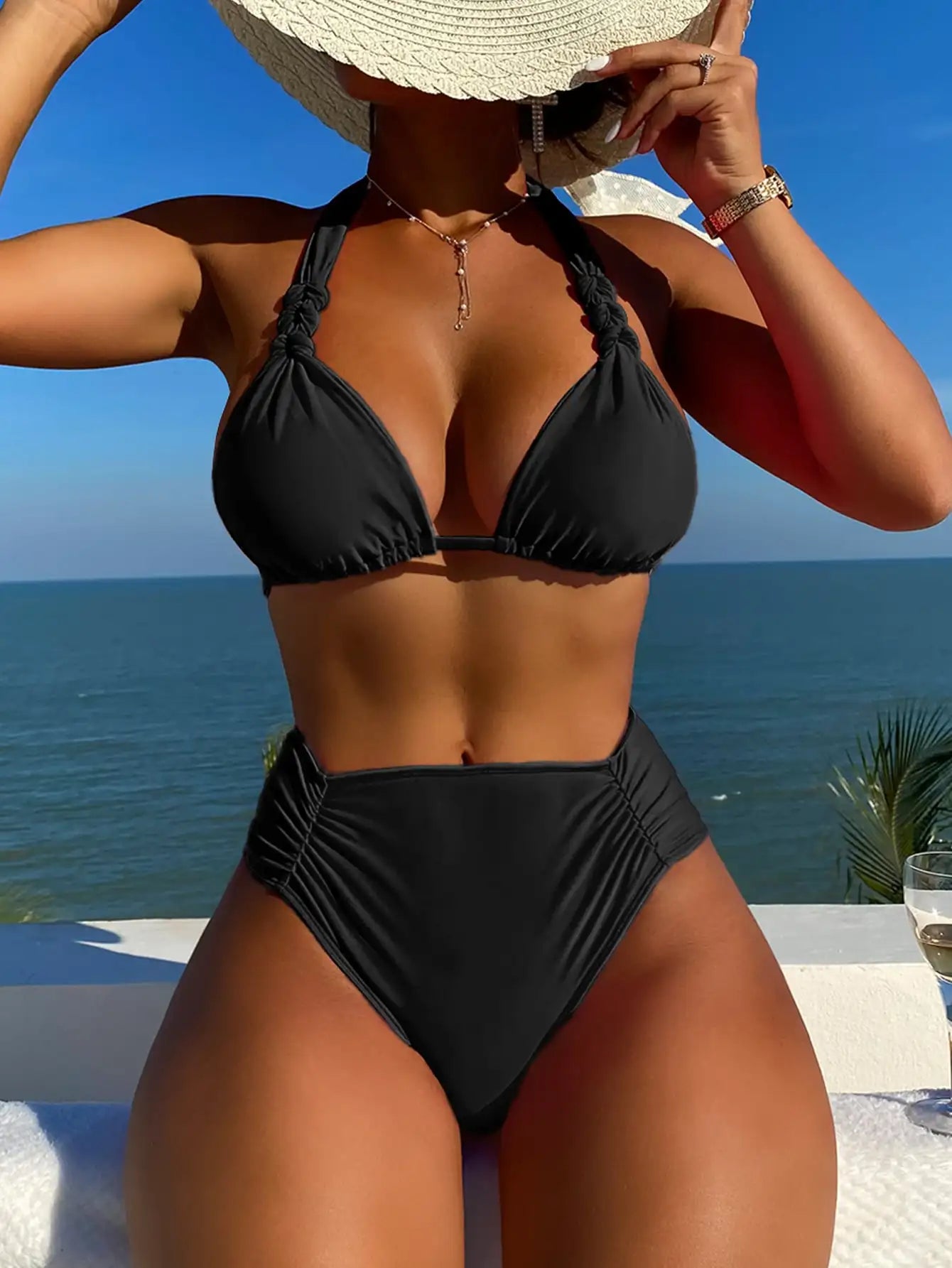 2025 Sexy Bikinis Women Brown Halter Brazilian Swimsuit Female Pleated Bikini Set Black Push Up Swimwear Beach Wear Bathing Suit