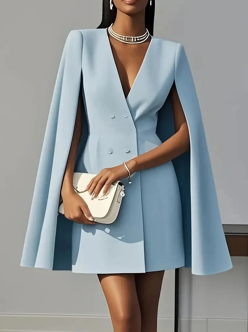 2025 Women Fashion Commuter Solid Blazers Dress Office Double Breasted Waist Party Dress Elegant V-neck Shawl Cape Sleeve Dress