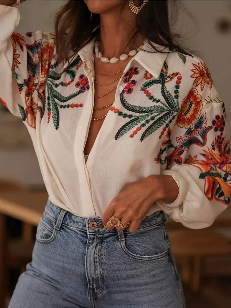 Women's 2025 Autumn Fashion Loose Long-sleeved Digital Printed Shirt Top Streetwear Spring New Female Lapel Button Shirts Bloues