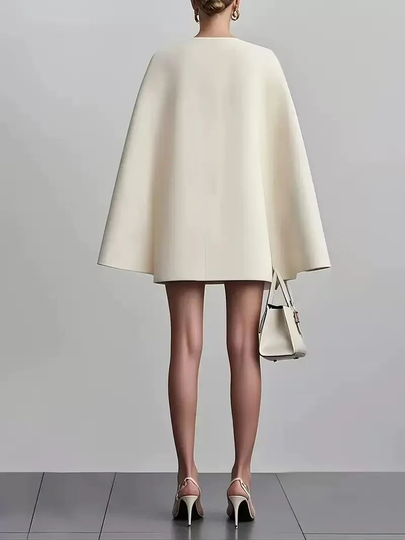 2025 Women Fashion Commuter Solid Blazers Dress Office Double Breasted Waist Party Dress Elegant V-neck Shawl Cape Sleeve Dress