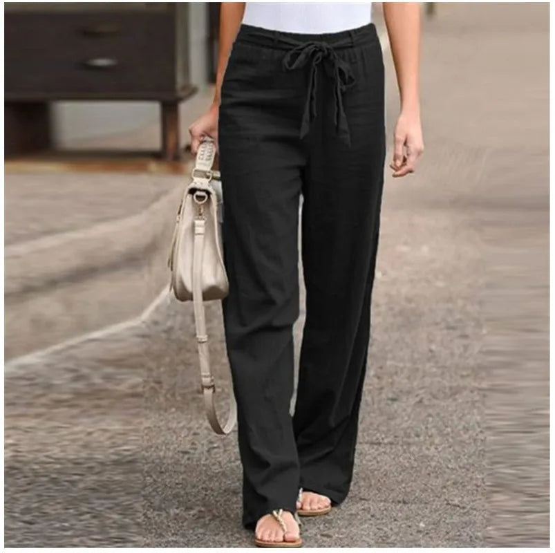 Women Cotton Linen Pants Solid Color Elastic Loose Drawstring Wide-Leg High Waist Trousers Female Stretch Straight Casual Pants