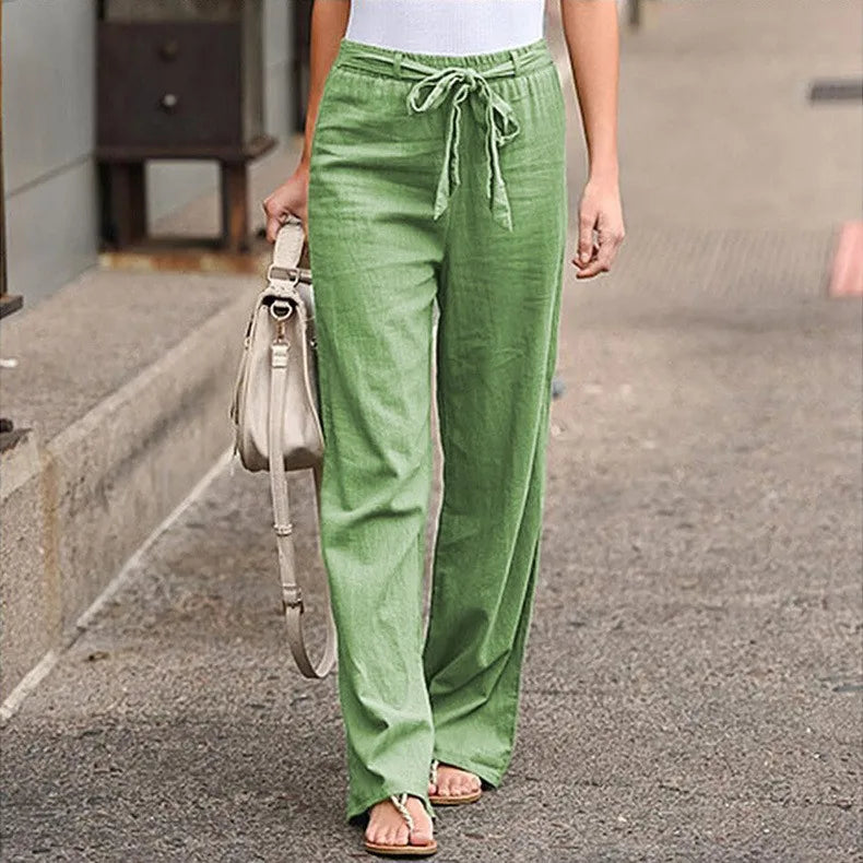 Women Cotton Linen Pants Solid Color Elastic Loose Drawstring Wide-Leg High Waist Trousers Female Stretch Straight Casual Pants