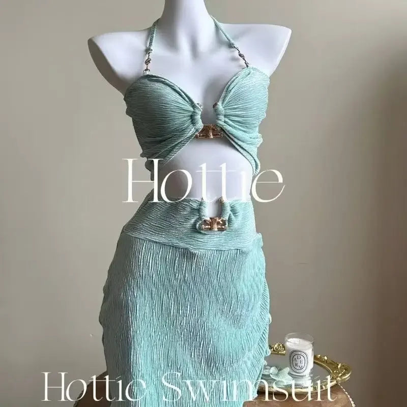 Mint Green High Quality Sexy Summer Vacation Hot Spring Beach Bikini Three Piece Swimsuit Set Separate Design for Women