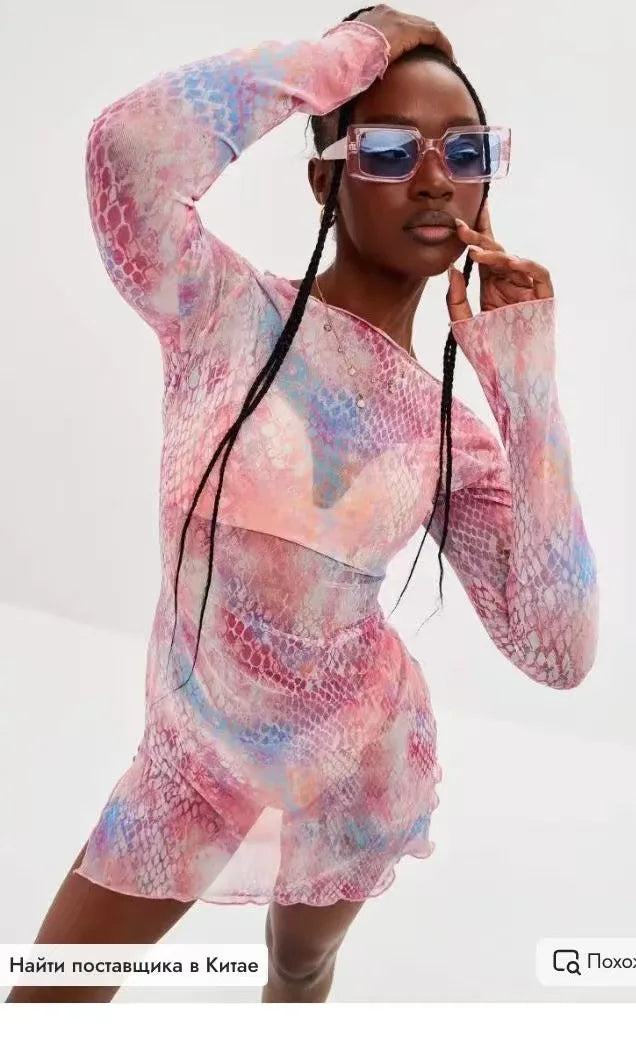 Sexy Sheer Mesh Beach Cover Up Dress - Women's Lightweight Bikini Robe With Bell Sleeves, Summer Swimwear Vacation Outfit