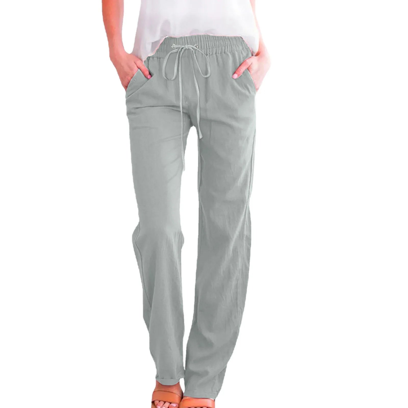 Women Cotton Linen Pants Solid Color Elastic Loose Drawstring Wide-Leg High Waist Trousers Female Stretch Straight Casual Pants