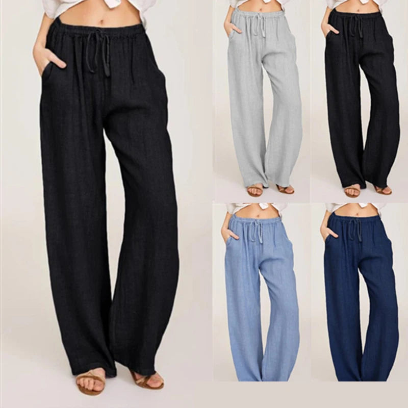 Women Cotton Linen Pants Solid Color Elastic Loose Drawstring Wide-Leg High Waist Trousers Female Stretch Straight Casual Pants