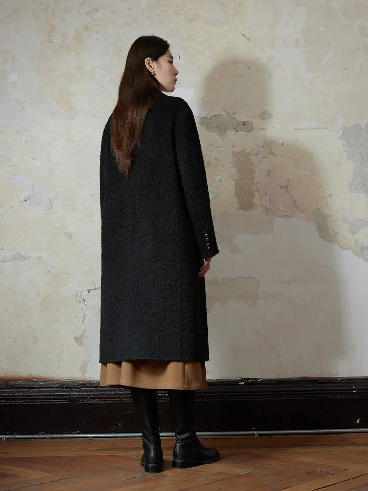 11.8% Alpaca 66.3% Wool Front Shoulder Women Black Long Temperament Woolen Coats Straight 2023 Winter Female Wool Coats