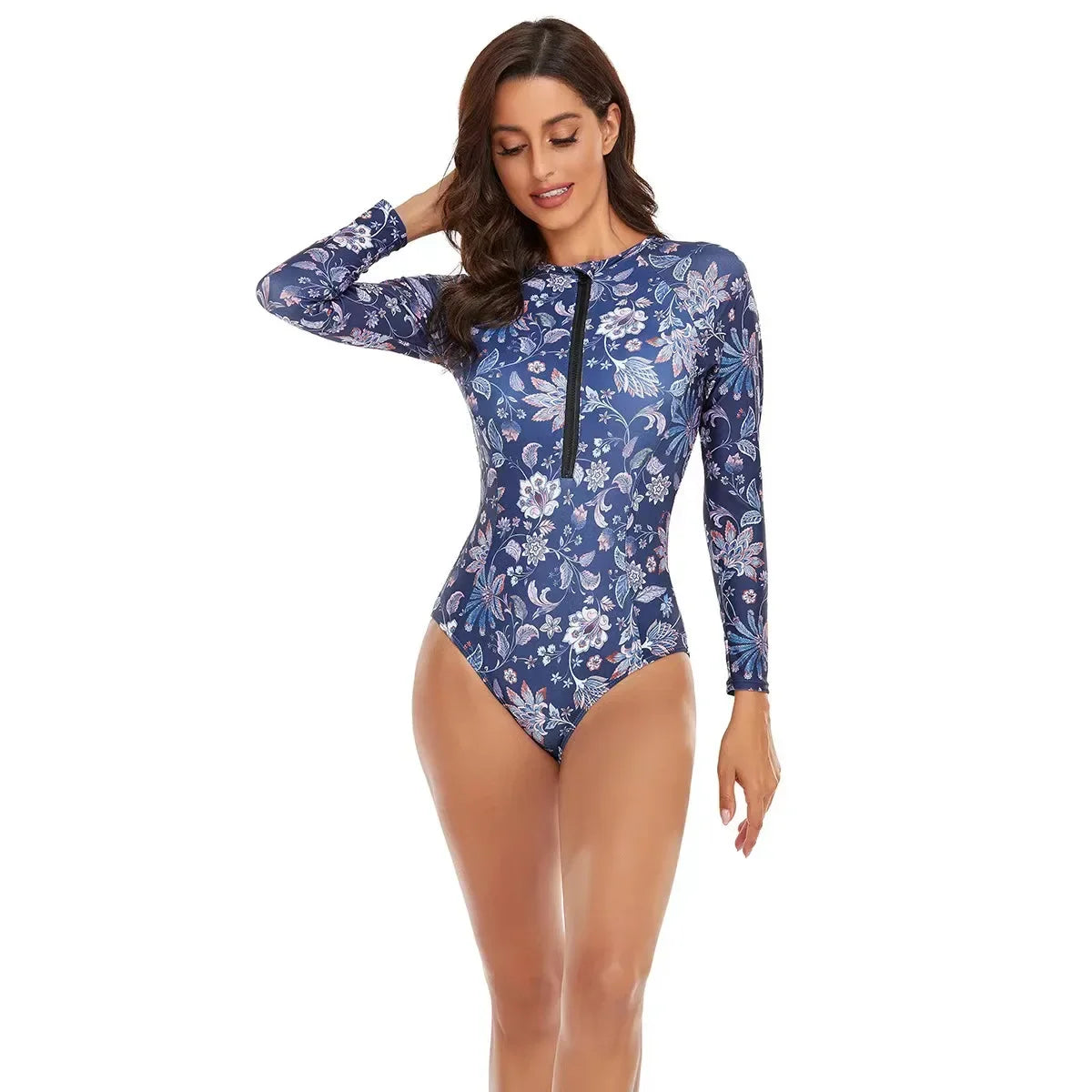 New Long Sleeve Printed One Piece Swimsuit Women Surfing Suit Wetsuit Fashion Bathing Swimming Suits Zipper Swimwear Woman