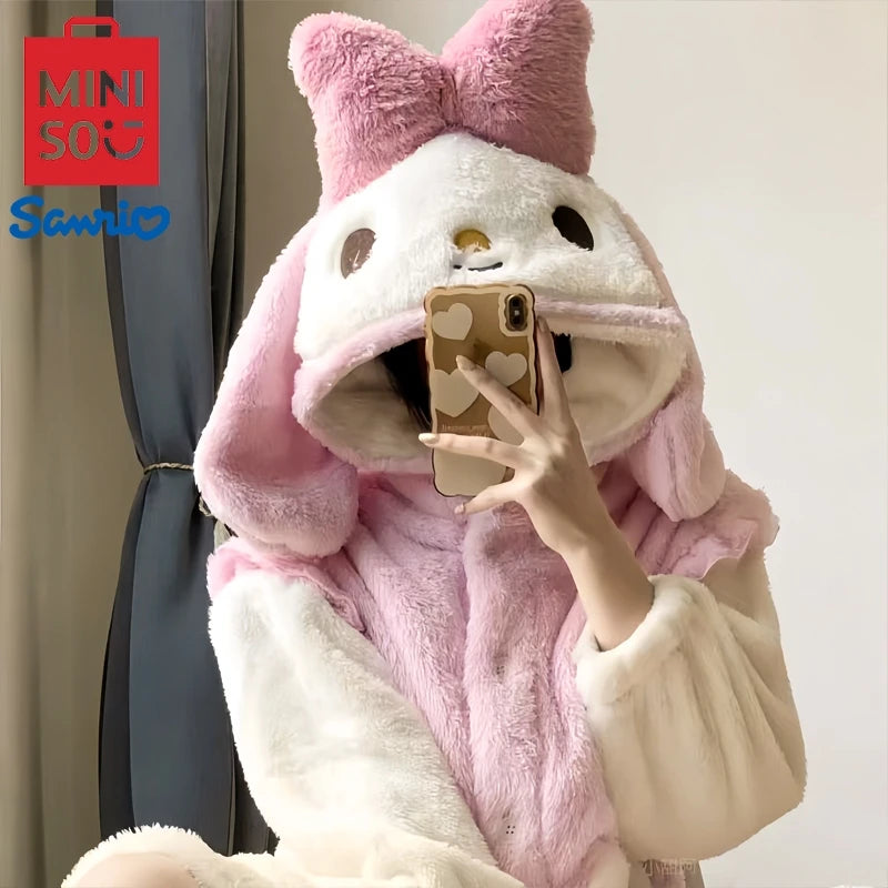 MINISO Senrio My Melody Home Wear Winter Keep Warm Coral Fleece Bathrobe Cute Cartoon Adult Soft Thicken Women Kawaii Pajama