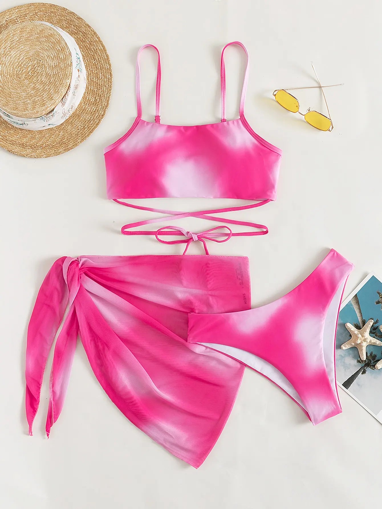 3 Pieces Ombre Lace Up Bikini Swimsuit & Beach Skirt Sexy