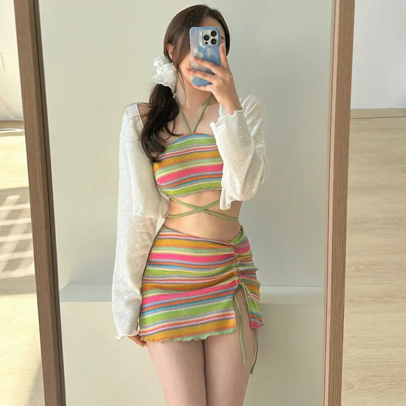 Sexy Knitted Three-piece Bikini Set Neck Hanging Striped Thermal Spring New Arrival Women's Swimsuit Three Colors Available