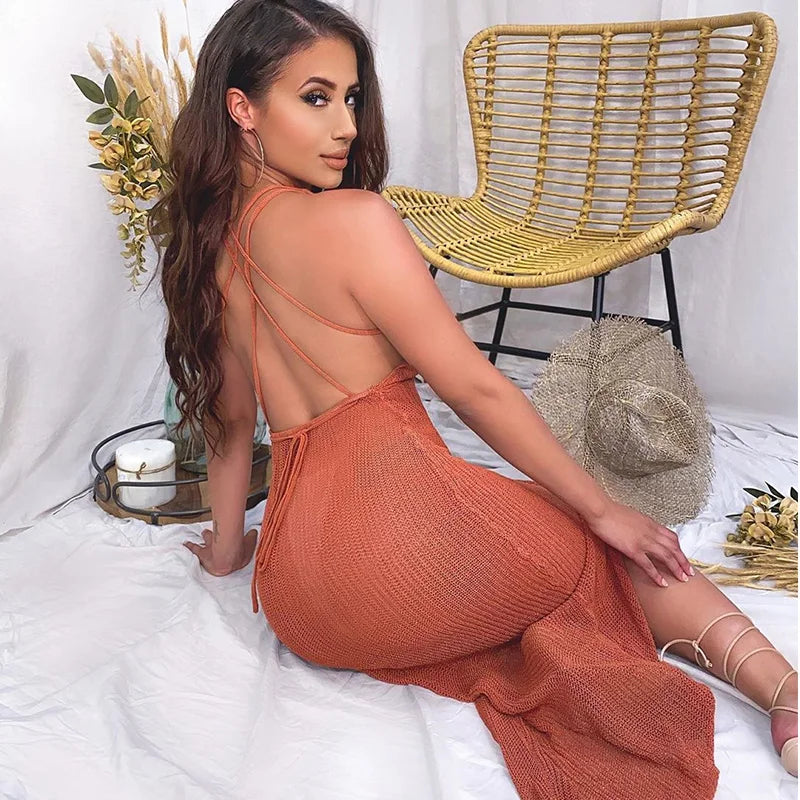 2025 New Crochet Beach Maxi Dress for Women See Through Sexy Bikini Plunge Backless Bandage Sleeveless Lacing Split Long Dresses