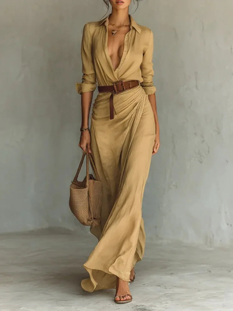 2025 New Autumn Woman Sexy Deep V Neck Hollow Long Dress Elegant Solid Belted Irregular Party Long Sleeve Slim Casual Dresses