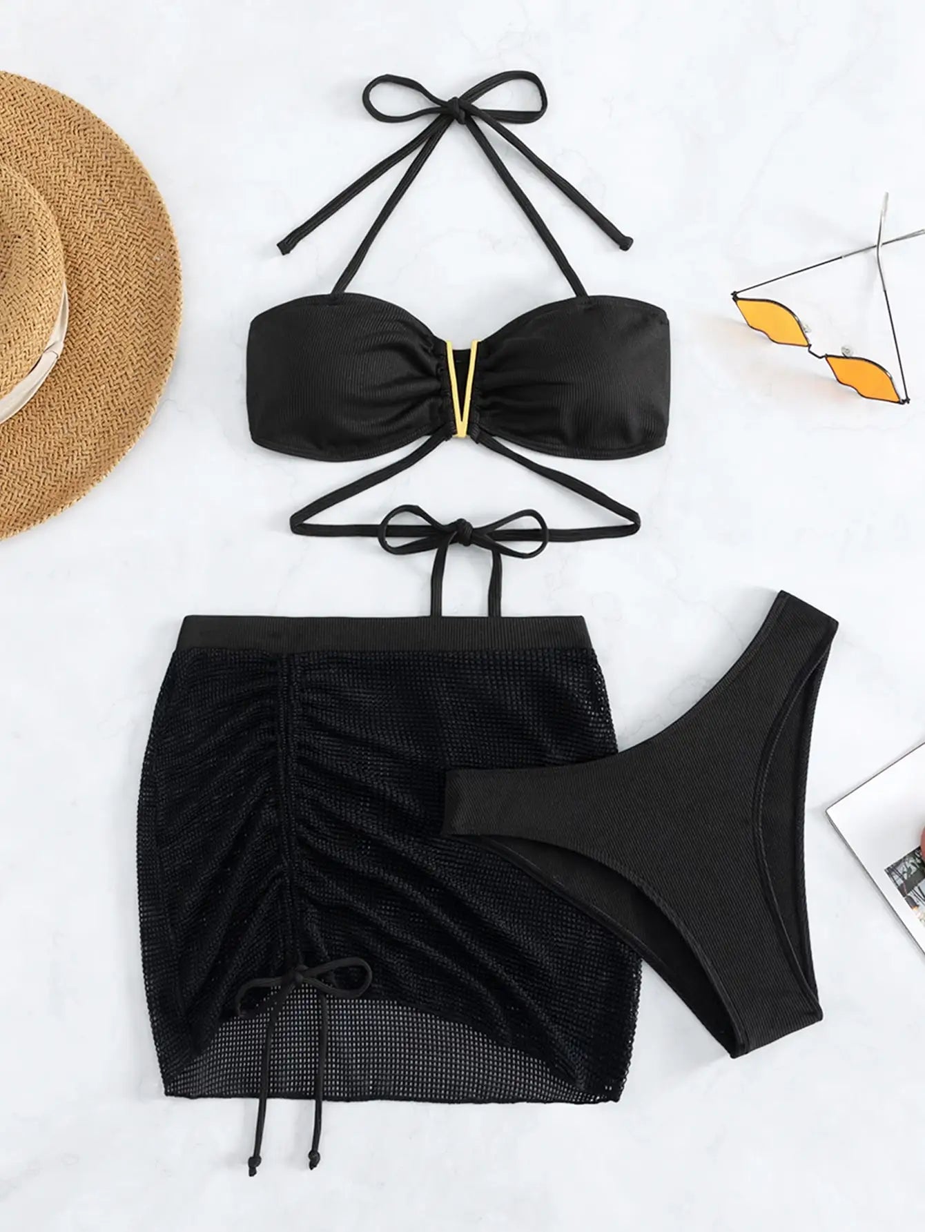 3 Pieces Black V Wire Halter Bikini 2025 Women & Beach Skirt Swimwear Female Swimsuit Solid Beachwear Bathing Swimming Suit