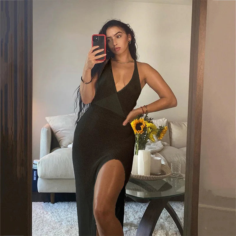 2025 New Crochet Beach Maxi Dress for Women See Through Sexy Bikini Plunge Backless Bandage Sleeveless Lacing Split Long Dresses