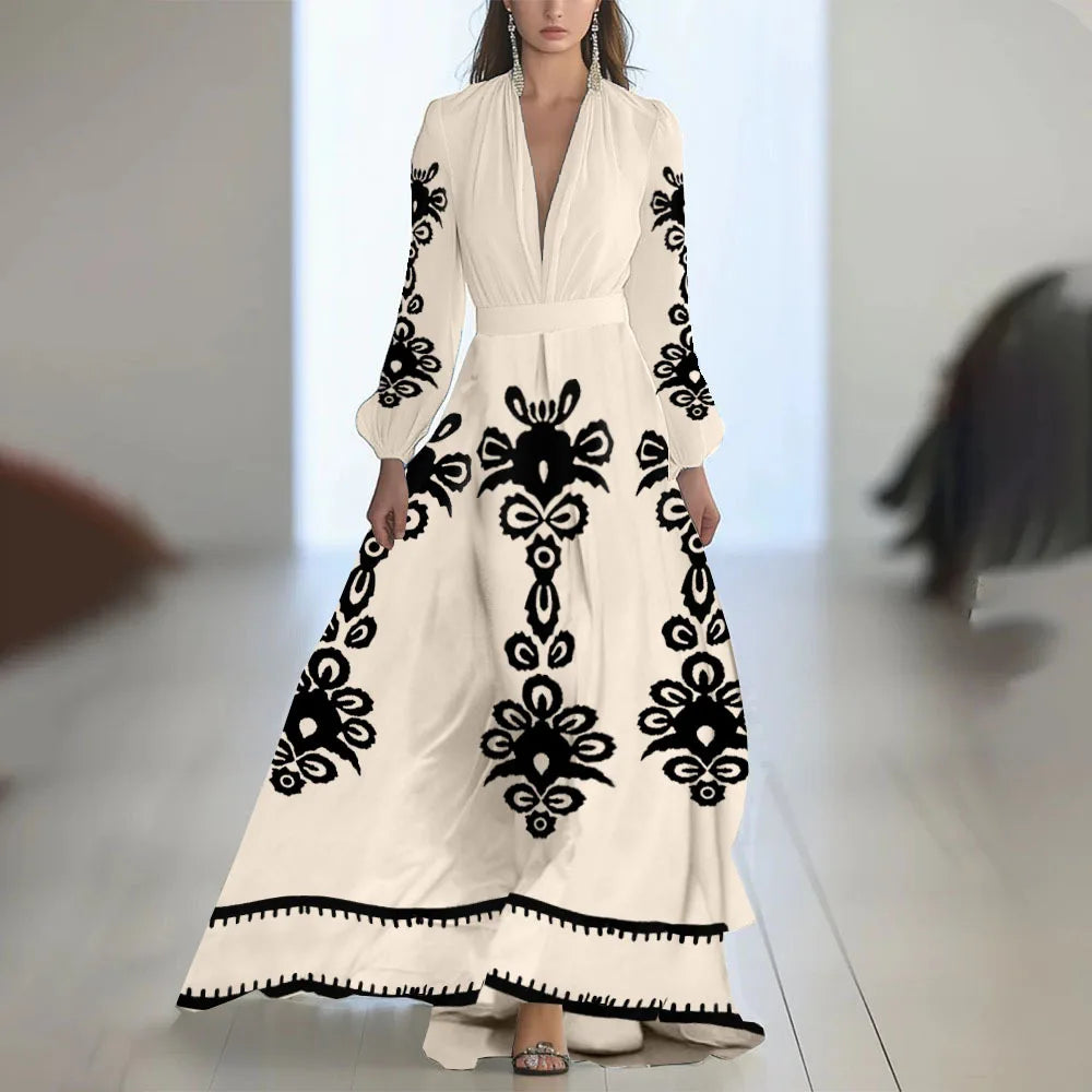 2025 Fashion Floral Print Patchwork Bohemian Dress Woman Sexy Deep V Neck Hollow Long Dresses New Puff Sleeve Loose Maxi Dress