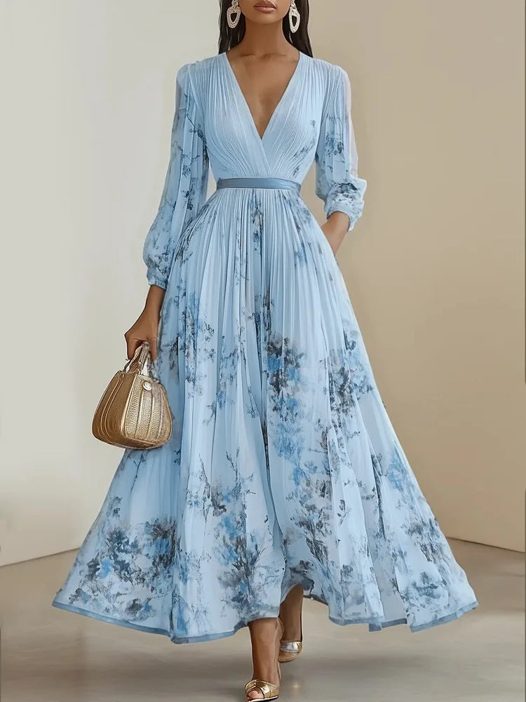 2025 Summer Long Sleeve Boho Maxi Long Dress Woman Elegant Floral Print A-Line Pleated Sexy Deep V Neck High Waist Dress Autumn
