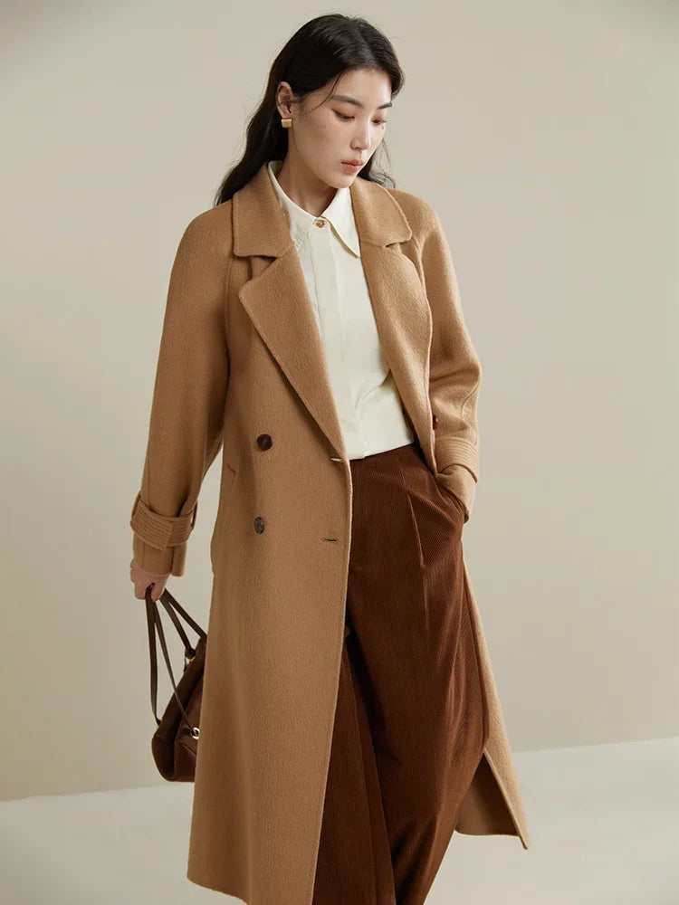 100% Wool Temperament Camel Color Women Long Double Breasted Woolen Coat Raglan Sleeve Belt Design Female Wool Jackets