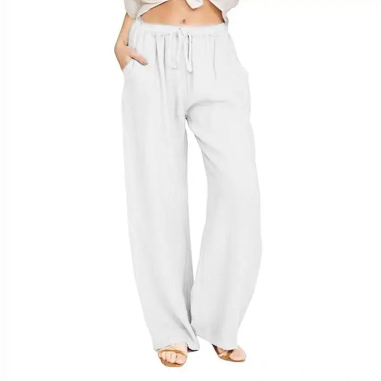 Women Cotton Linen Pants Solid Color Elastic Loose Drawstring Wide-Leg High Waist Trousers Female Stretch Straight Casual Pants