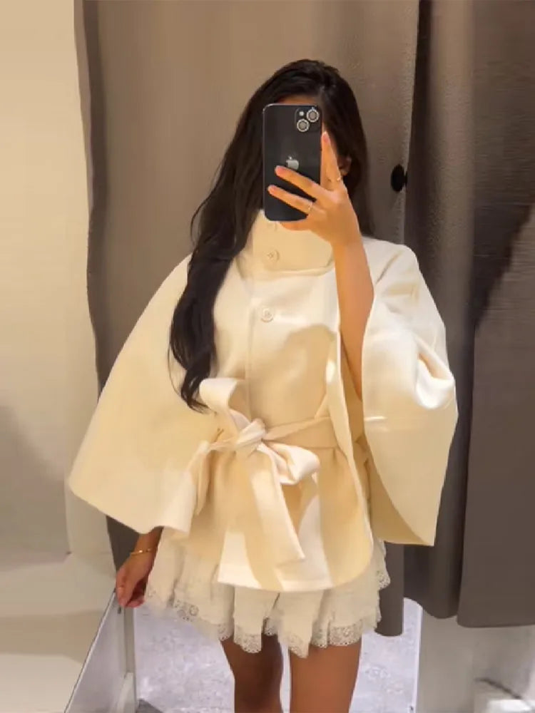 Woman Elegant Vintage Cape Coat Loose Stand Neck Belt Single Breasted Female Streetwear 2025 Autumn Winter Casual Lady Outwear
