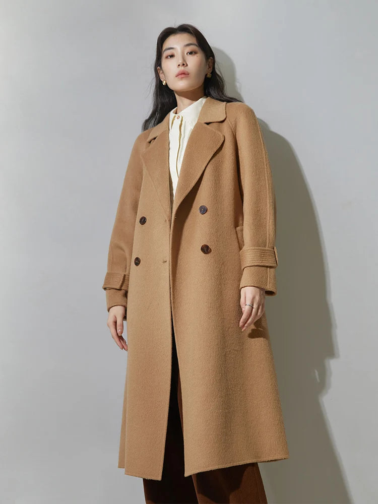 100% Wool Temperament Camel Color Women Long Double Breasted Woolen Coat Raglan Sleeve Belt Design Female Wool Jackets