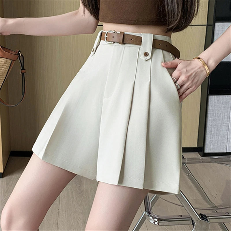 Seoulish 2025 New High Waist Irregular Pleated Women's Suit Short Summer Pants Elegant High Waist Straight Loose Shorts Trousers