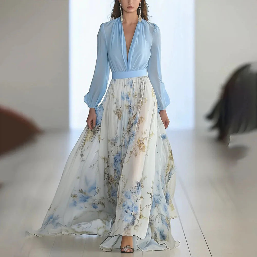 2025 Fashion Floral Print Patchwork Bohemian Dress Woman Sexy Deep V Neck Hollow Long Dresses New Puff Sleeve Loose Maxi Dress