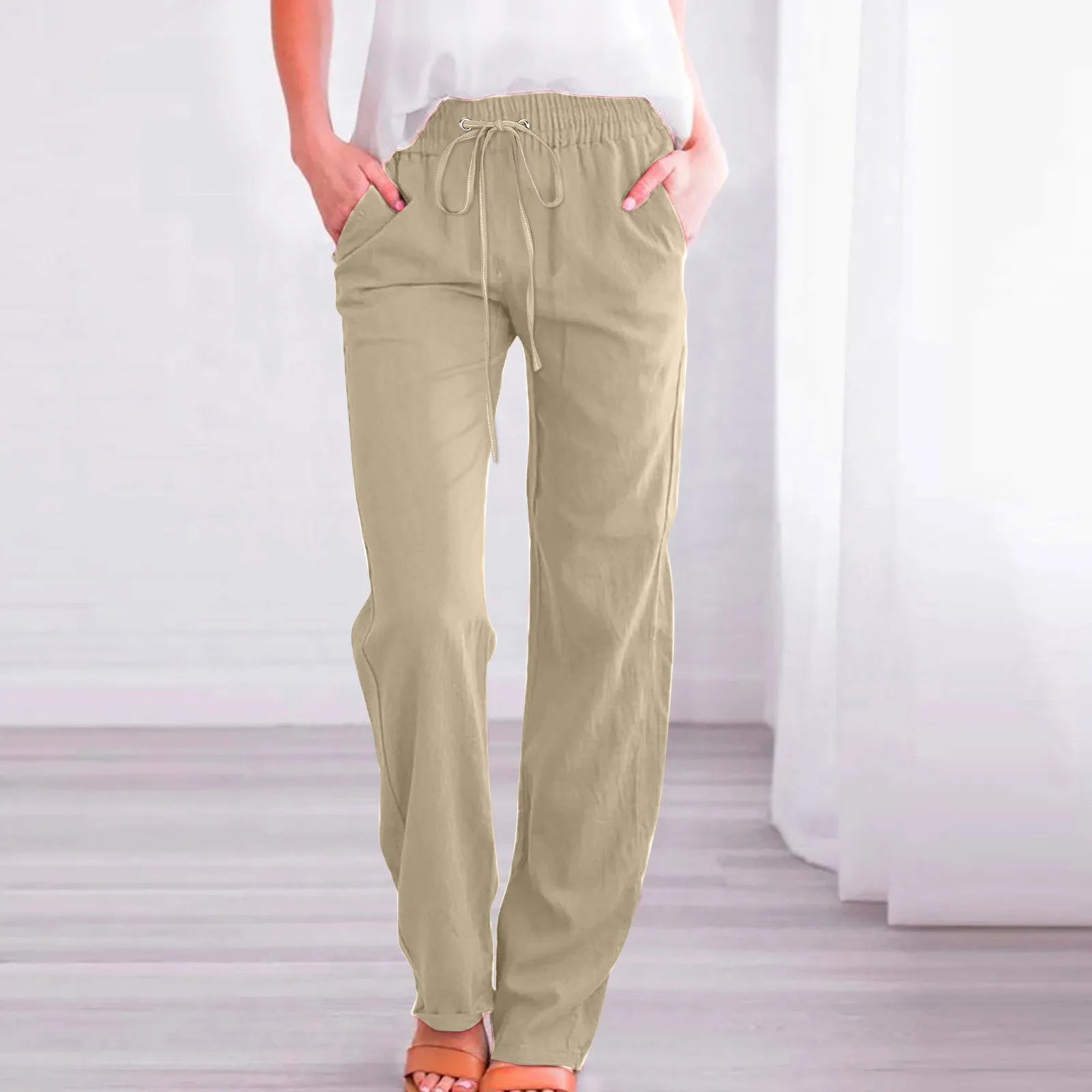 Women Cotton Linen Pants Solid Color Elastic Loose Drawstring Wide-Leg High Waist Trousers Female Stretch Straight Casual Pants
