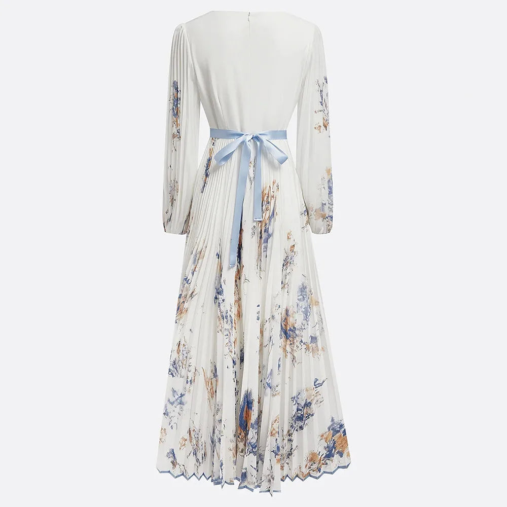 2025 Summer Long Sleeve Boho Maxi Long Dress Woman Elegant Floral Print A-Line Pleated Sexy Deep V Neck High Waist Dress Autumn