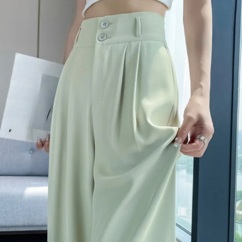 2025 New Spring Summer Button High Waist Wide Leg Pants for Women White High Waist Straight Loose Full Length Trousers Female