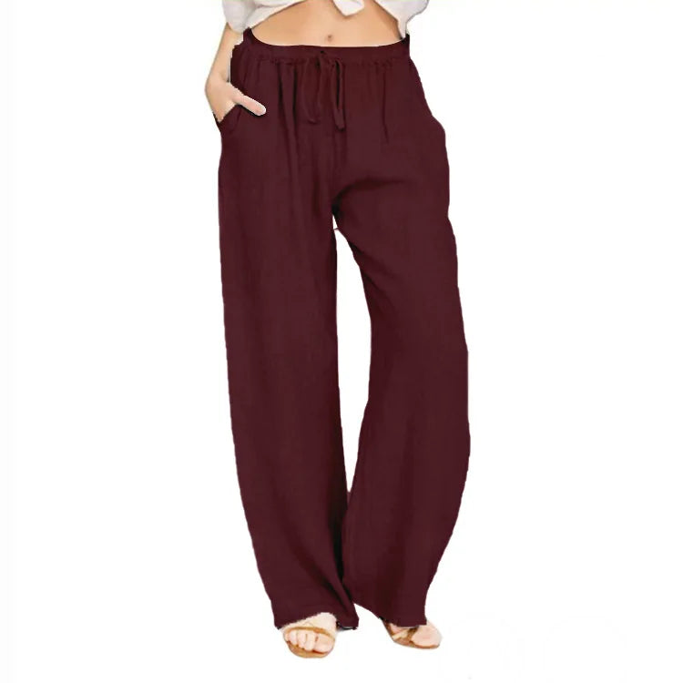 Women Cotton Linen Pants Solid Color Elastic Loose Drawstring Wide-Leg High Waist Trousers Female Stretch Straight Casual Pants