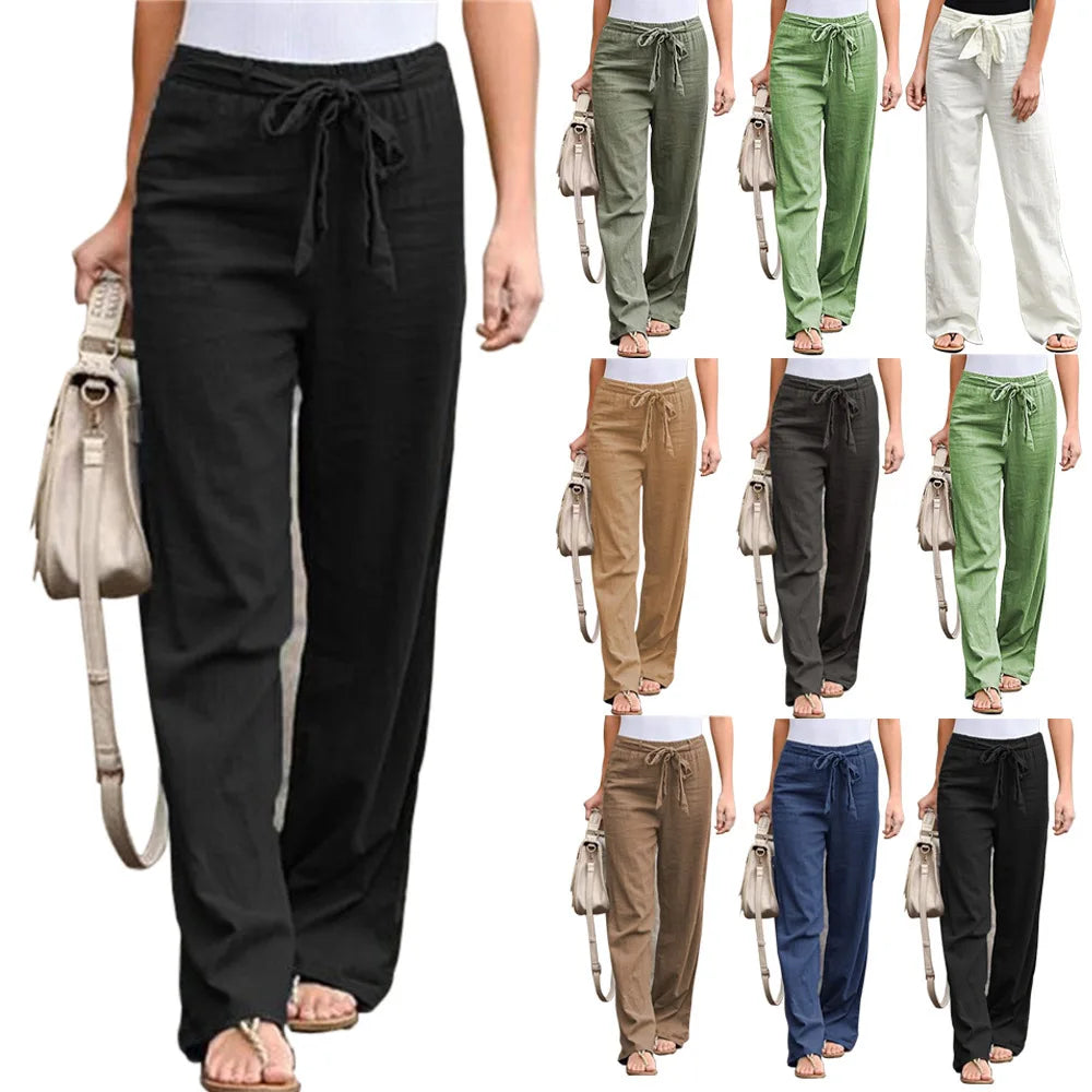 Women Cotton Linen Pants Solid Color Elastic Loose Drawstring Wide-Leg High Waist Trousers Female Stretch Straight Casual Pants
