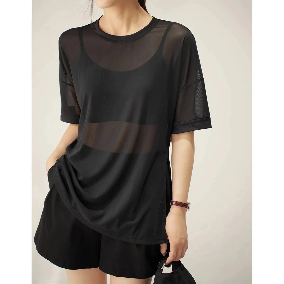 Summer Large Size Fitness Loose Running Sports Hoodie Mesh Round Neck Short Sleeve T-Shirt Breathable Quick Dry Yoga Top Gym