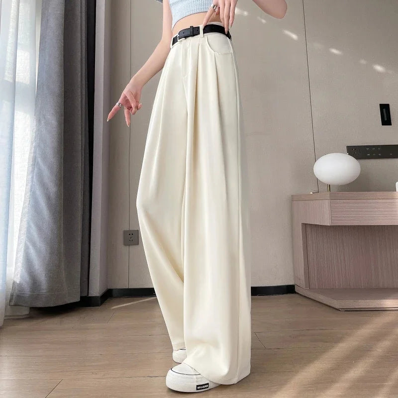 2025 New Spring Summer Casual Loose Women's Wide Leg Full Length Pants High Waist Solid Female Elegant Straight Trousers