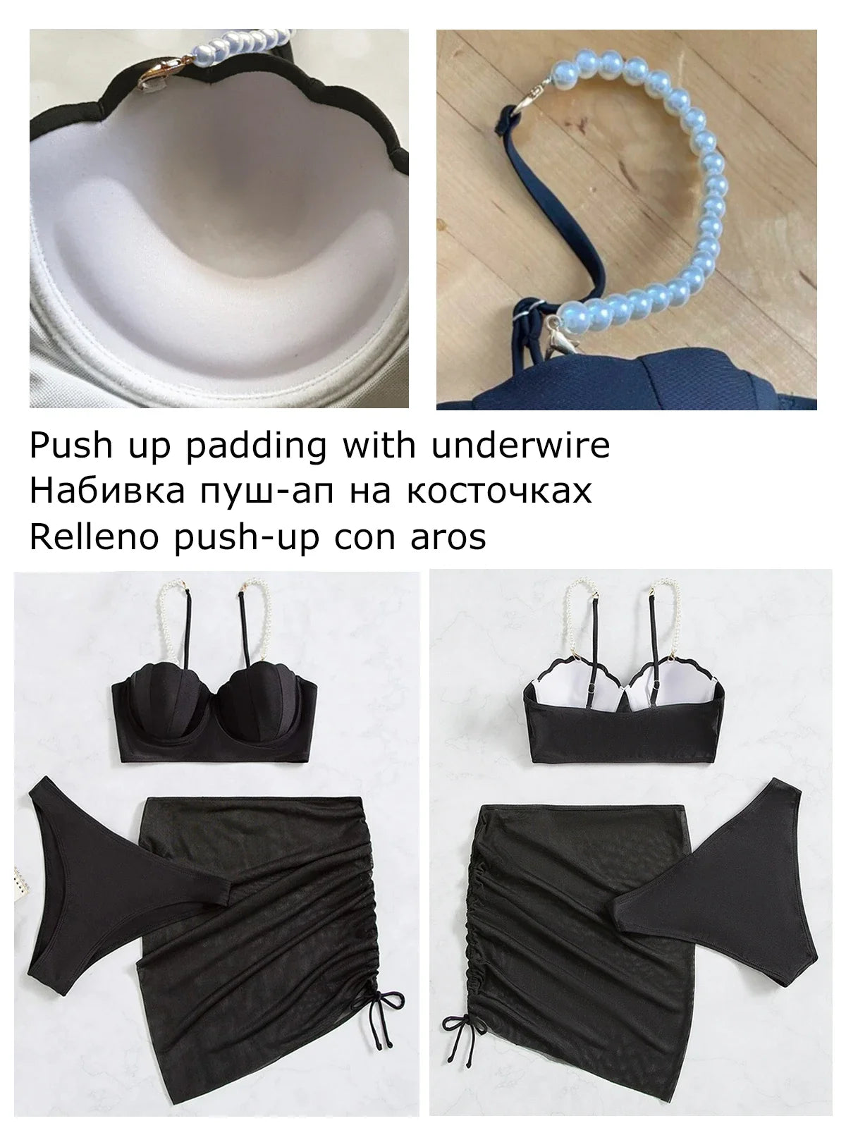 2025 New Sexy 3 Piece Bikinis Set Women Swimsuit with Skirt Swimwear Female Push Up Bikini Beachwear Faux Pearl Bathing Suit