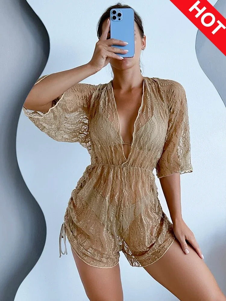 2025 3PCS Lace Hollow Out Bikini For Women Sexy Swimwear Female Pleated Cover Up Swimsuit Beach Wear New Brazilian Bathing Suit