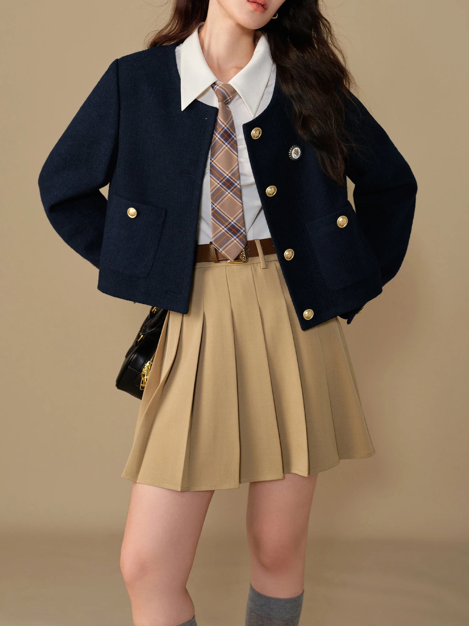 Women Red Tweed Jackets Round Neck Single Breasted Winter New Navy Blue Female Winter Thicken Tweed Coats 24DS84286