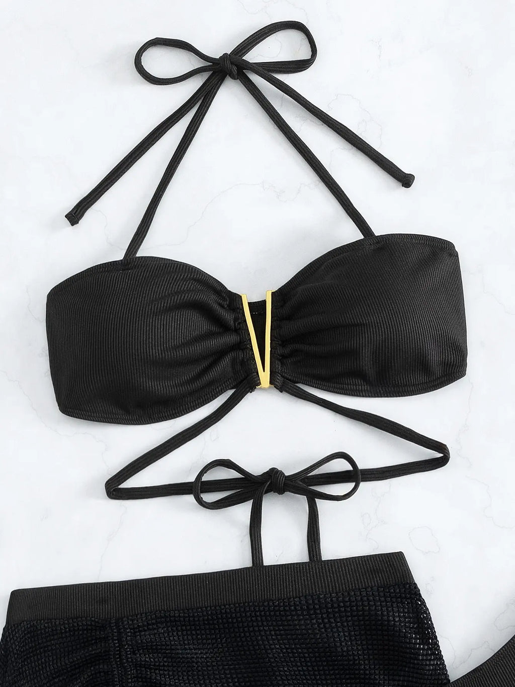 3 Pieces Black V Wire Halter Bikini 2025 Women & Beach Skirt Swimwear Female Swimsuit Solid Beachwear Bathing Swimming Suit