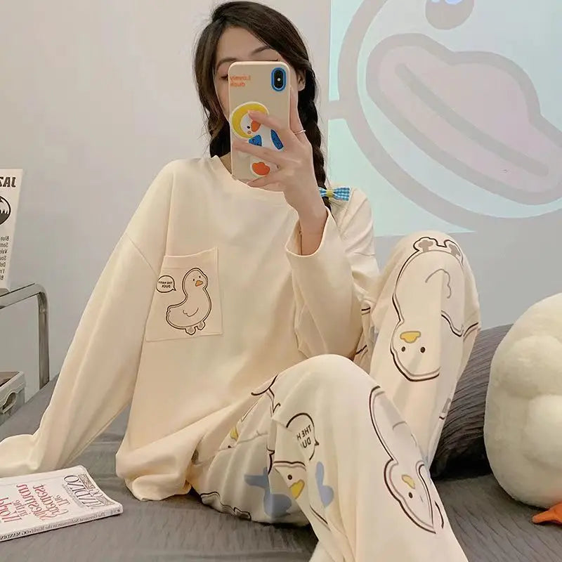 Spring and Autumn New Women's Thin Section Pajamas Homewear Suit Girls Summer Long-Sleeved Homewear Plus Size Cartoon Loose Suit