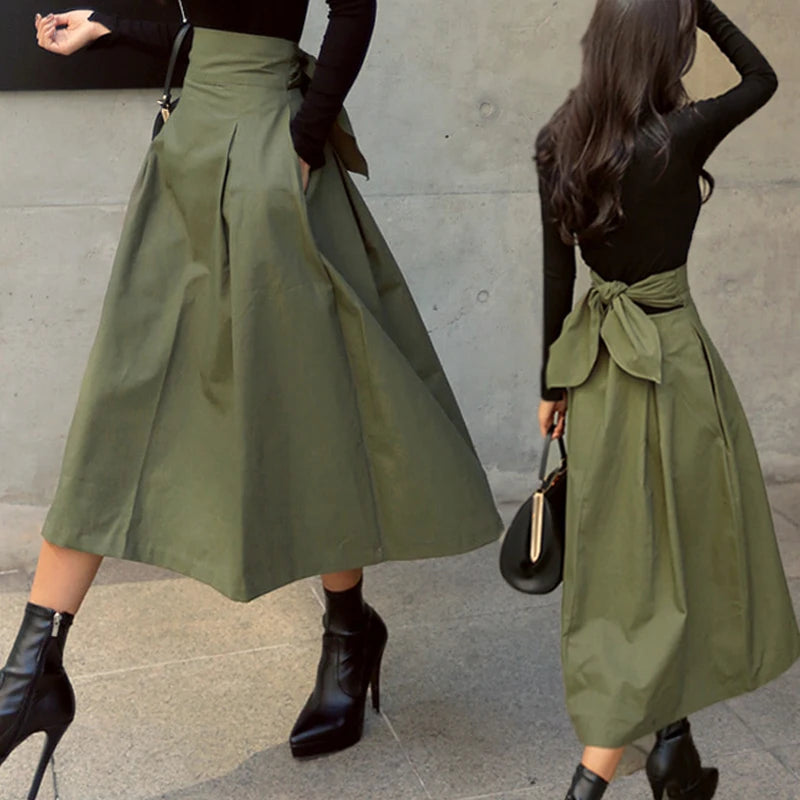 2025 New Autumn Black Skirts Womens Korean Fashion Solid Color Big Swing Female Skirt Long Skirt Wild High Waist Bow Slim Skirts