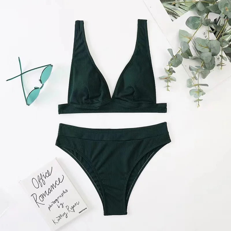 2025 New Sexy V-Neck Ribbed Bikini High Waist Swimsuit Women Solid Push Up Swimwear Female Bathing Suit Bikini Set Beachwear