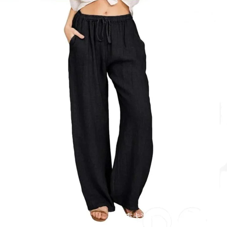 Women Cotton Linen Pants Solid Color Elastic Loose Drawstring Wide-Leg High Waist Trousers Female Stretch Straight Casual Pants